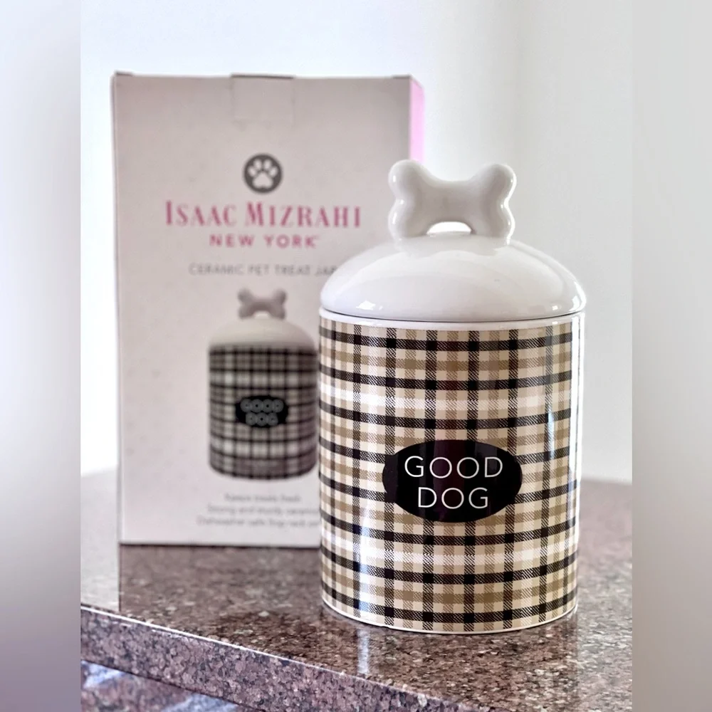 NEW in Box ISAAC MIZRAHI Designer Ceramic Dog Treat Jar